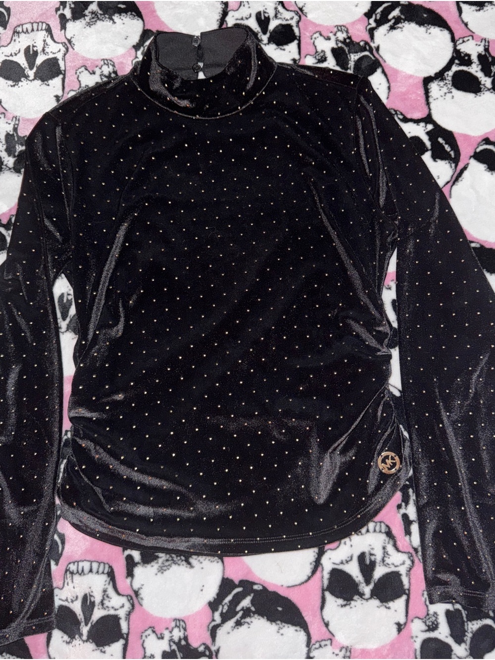 Michael Kors Black Velvet Long-Sleeve Mock Neck Top with Gold Dot Accents